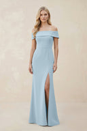 Off - the - Shoulder Satin Sheath Bridesmaid Dress With Slit in Bleached Aqua - KissProm Bridesmaid Dresses