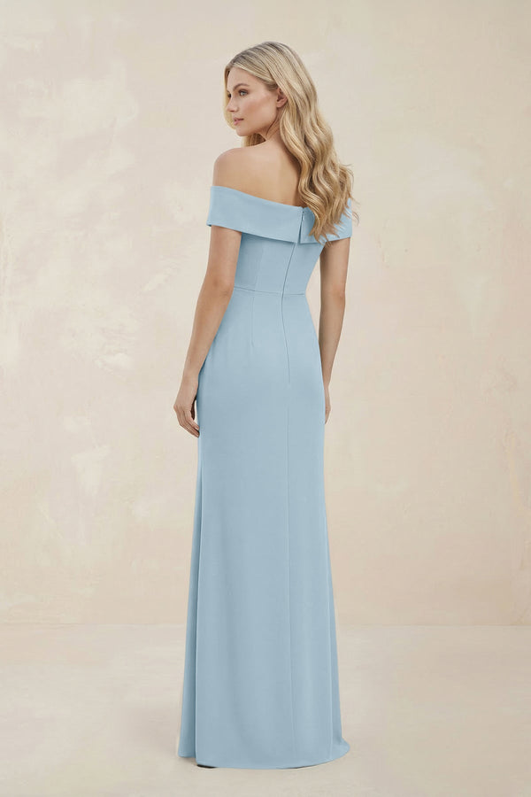 Off - the - Shoulder Satin Sheath Bridesmaid Dress With Slit in Bleached Aqua - KissProm Bridesmaid Dresses