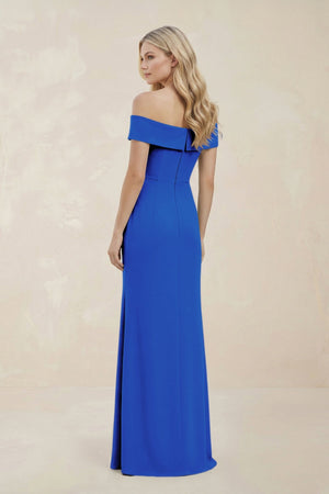 Off - the - Shoulder Satin Sheath Bridesmaid Dress With Slit in Blue Jay - KissProm Bridesmaid Dresses