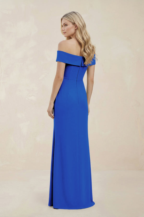 Off - the - Shoulder Satin Sheath Bridesmaid Dress With Slit in Blue Jay - KissProm Bridesmaid Dresses