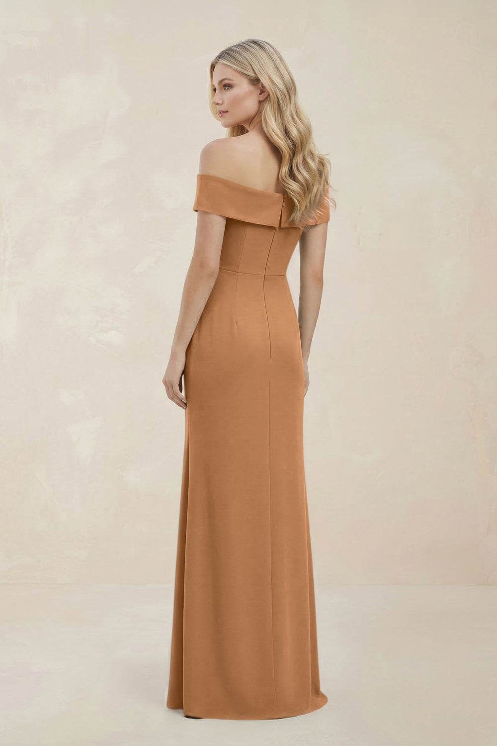 Off - the - Shoulder Satin Sheath Bridesmaid Dress With Slit in Bronzer - KissProm Bridesmaid Dresses