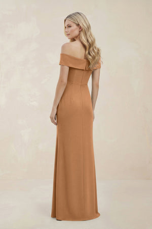 Off - the - Shoulder Satin Sheath Bridesmaid Dress With Slit in Bronzer - KissProm Bridesmaid Dresses