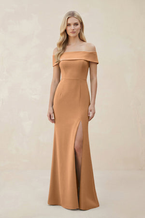 Off - the - Shoulder Satin Sheath Bridesmaid Dress With Slit in Bronzer - KissProm Bridesmaid Dresses