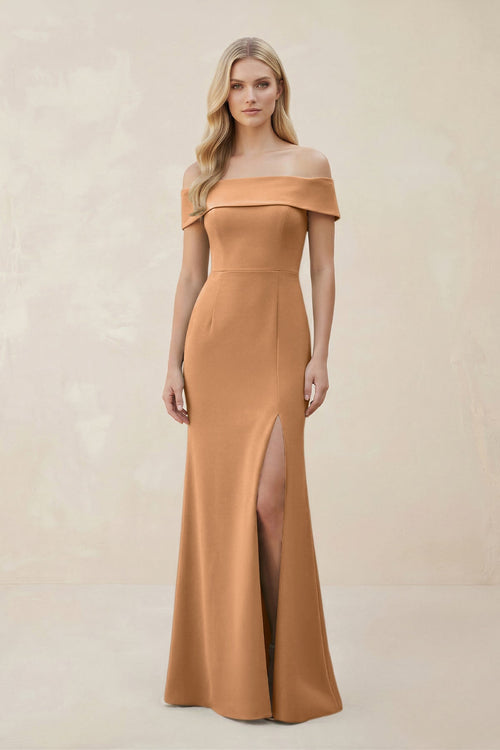 Off - the - Shoulder Satin Sheath Bridesmaid Dress With Slit in Bronzer - KissProm Bridesmaid Dresses