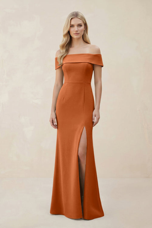 Off - the - Shoulder Satin Sheath Bridesmaid Dress With Slit in Brown - KissProm Bridesmaid Dresses
