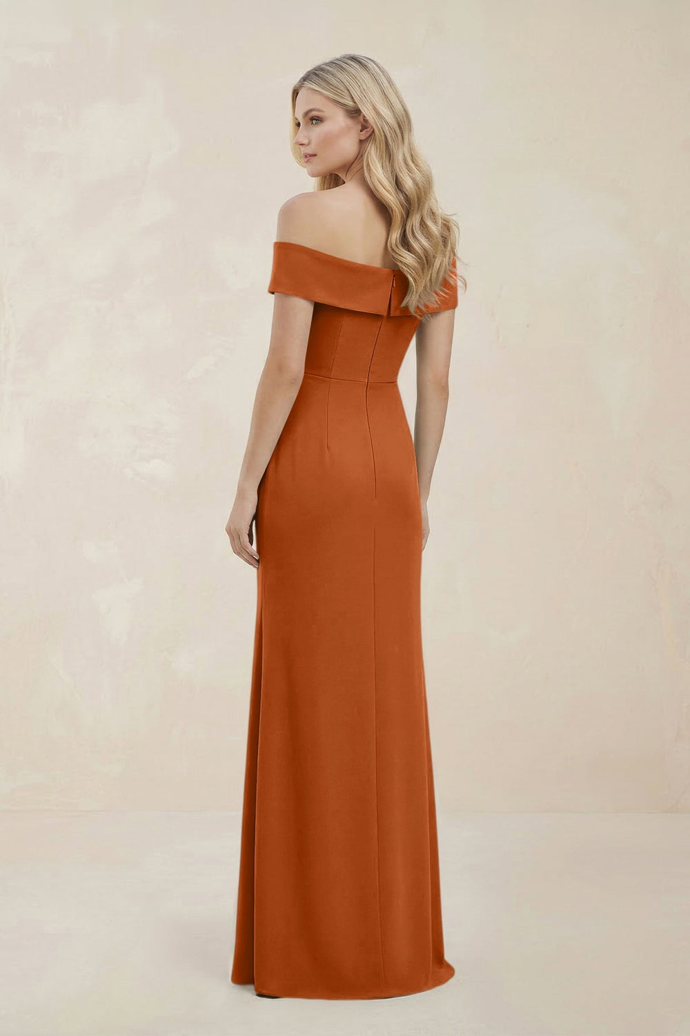 Off - the - Shoulder Satin Sheath Bridesmaid Dress With Slit in Brown - KissProm Bridesmaid Dresses