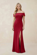 Off - the - Shoulder Satin Sheath Bridesmaid Dress With Slit in Burgundy - KissProm Bridesmaid Dresses