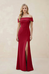 Off - the - Shoulder Satin Sheath Bridesmaid Dress With Slit in Burgundy - KissProm Bridesmaid Dresses