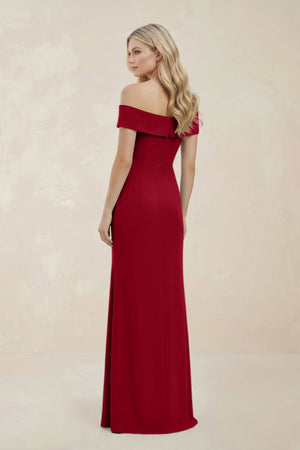 Off - the - Shoulder Satin Sheath Bridesmaid Dress With Slit in Burgundy - KissProm Bridesmaid Dresses
