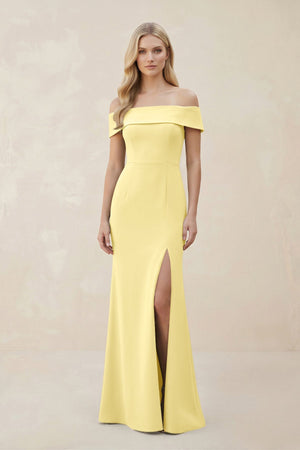 Off - the - Shoulder Satin Sheath Bridesmaid Dress With Slit in Buttercup - KissProm Bridesmaid Dresses