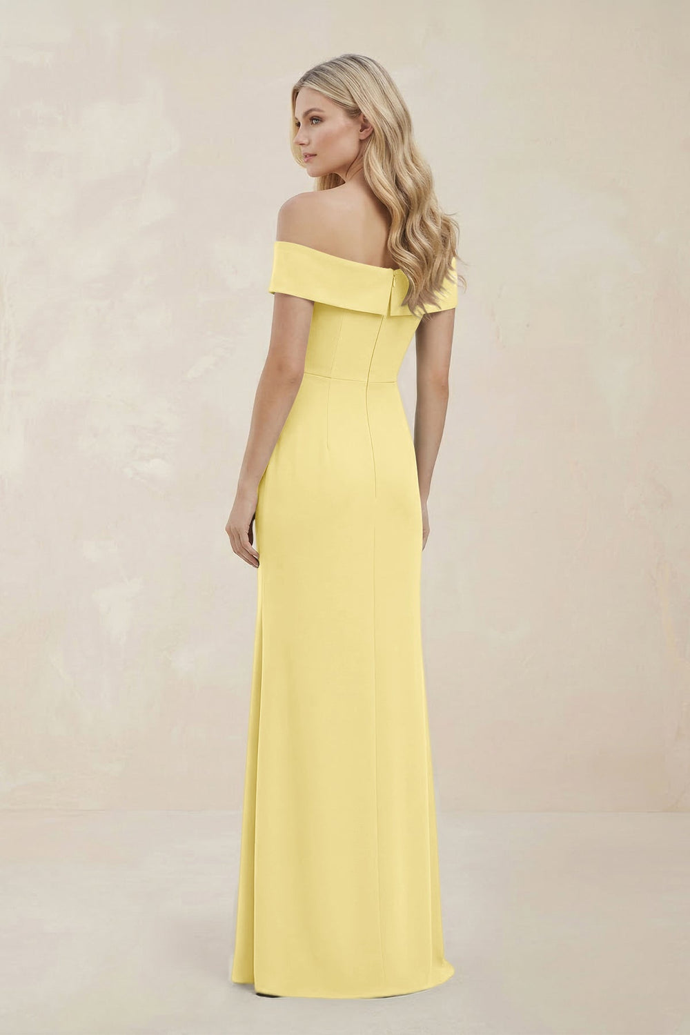 Off - the - Shoulder Satin Sheath Bridesmaid Dress With Slit in Buttercup - KissProm Bridesmaid Dresses