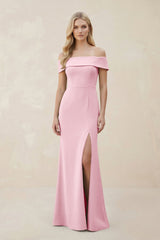 Off - the - Shoulder Satin Sheath Bridesmaid Dress With Slit in Candy Pink - KissProm Bridesmaid Dresses