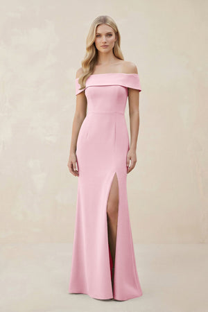 Off - the - Shoulder Satin Sheath Bridesmaid Dress With Slit in Candy Pink - KissProm Bridesmaid Dresses