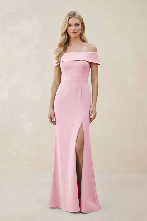 Off - the - Shoulder Satin Sheath Bridesmaid Dress With Slit in Candy Pink - KissProm Bridesmaid Dresses