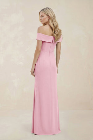 Off - the - Shoulder Satin Sheath Bridesmaid Dress With Slit in Candy Pink - KissProm Bridesmaid Dresses