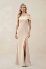 Off - the - Shoulder Satin Sheath Bridesmaid Dress With Slit in Champagne - KissProm Bridesmaid Dresses