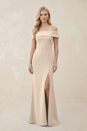 Off - the - Shoulder Satin Sheath Bridesmaid Dress With Slit in Champagne - KissProm Bridesmaid Dresses