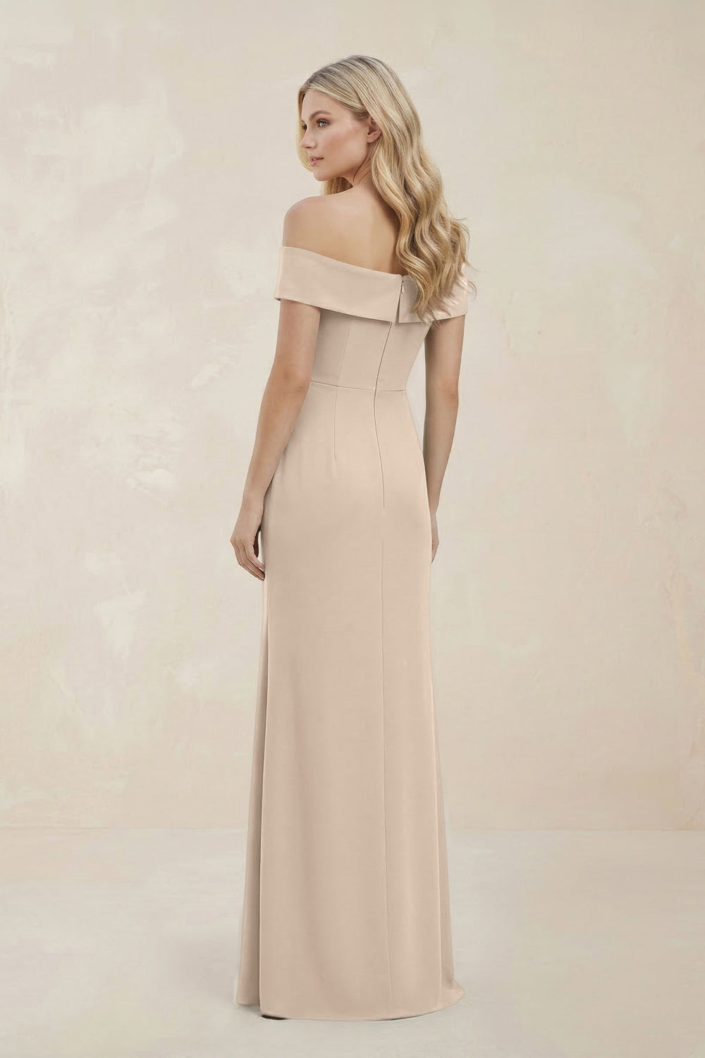 Off - the - Shoulder Satin Sheath Bridesmaid Dress With Slit in Champagne - KissProm Bridesmaid Dresses