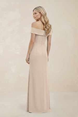 Off - the - Shoulder Satin Sheath Bridesmaid Dress With Slit in Champagne - KissProm Bridesmaid Dresses