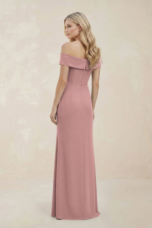 Off - the - Shoulder Satin Sheath Bridesmaid Dress With Slit in Champagne Rose - KissProm Bridesmaid Dresses