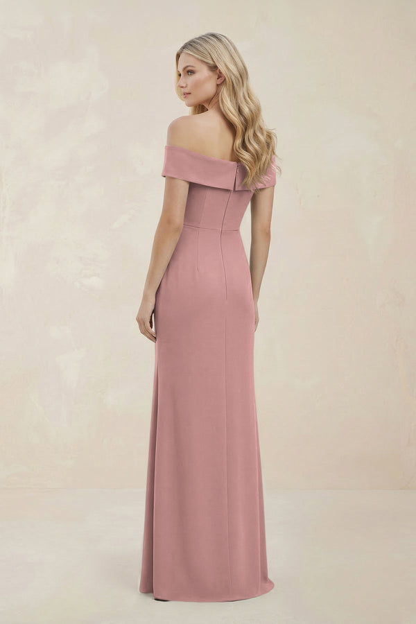 Off - the - Shoulder Satin Sheath Bridesmaid Dress With Slit in Champagne Rose - KissProm Bridesmaid Dresses