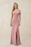 Off - the - Shoulder Satin Sheath Bridesmaid Dress With Slit in Champagne Rose - KissProm Bridesmaid Dresses