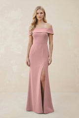 Off - the - Shoulder Satin Sheath Bridesmaid Dress With Slit in Champagne Rose - KissProm Bridesmaid Dresses