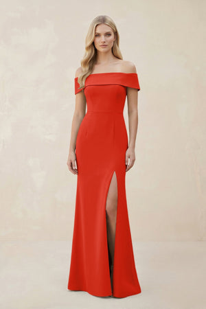 Off - the - Shoulder Satin Sheath Bridesmaid Dress With Slit in Cinnamon - KissProm Bridesmaid Dresses