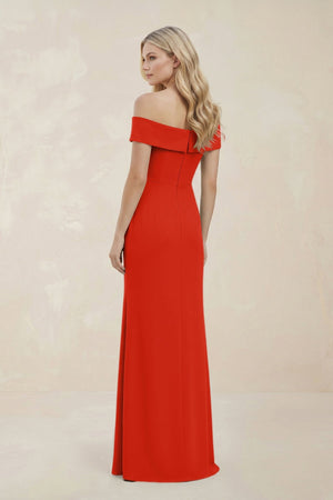 Off - the - Shoulder Satin Sheath Bridesmaid Dress With Slit in Cinnamon - KissProm Bridesmaid Dresses