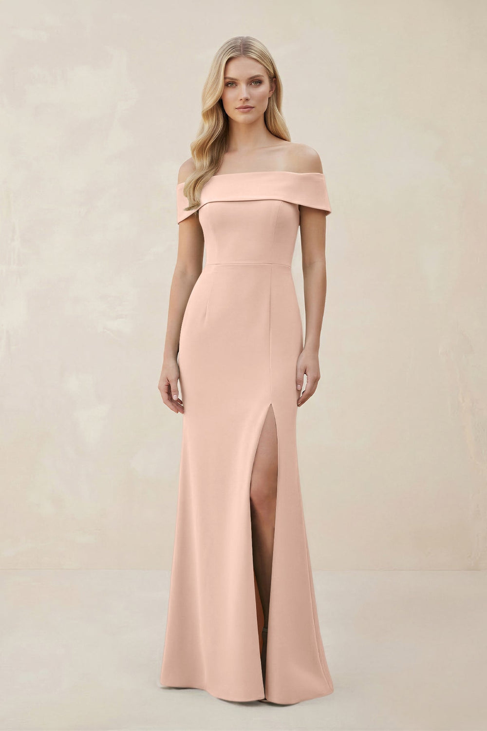 Off - the - Shoulder Satin Sheath Bridesmaid Dress With Slit in Coral Pink - KissProm Bridesmaid Dresses