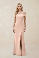 Off - the - Shoulder Satin Sheath Bridesmaid Dress With Slit in Coral Pink - KissProm Bridesmaid Dresses