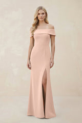 Off - the - Shoulder Satin Sheath Bridesmaid Dress With Slit in Coral Pink - KissProm Bridesmaid Dresses