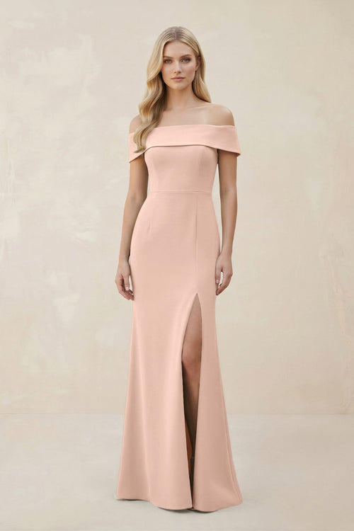 Off - the - Shoulder Satin Sheath Bridesmaid Dress With Slit in Coral Pink - KissProm Bridesmaid Dresses