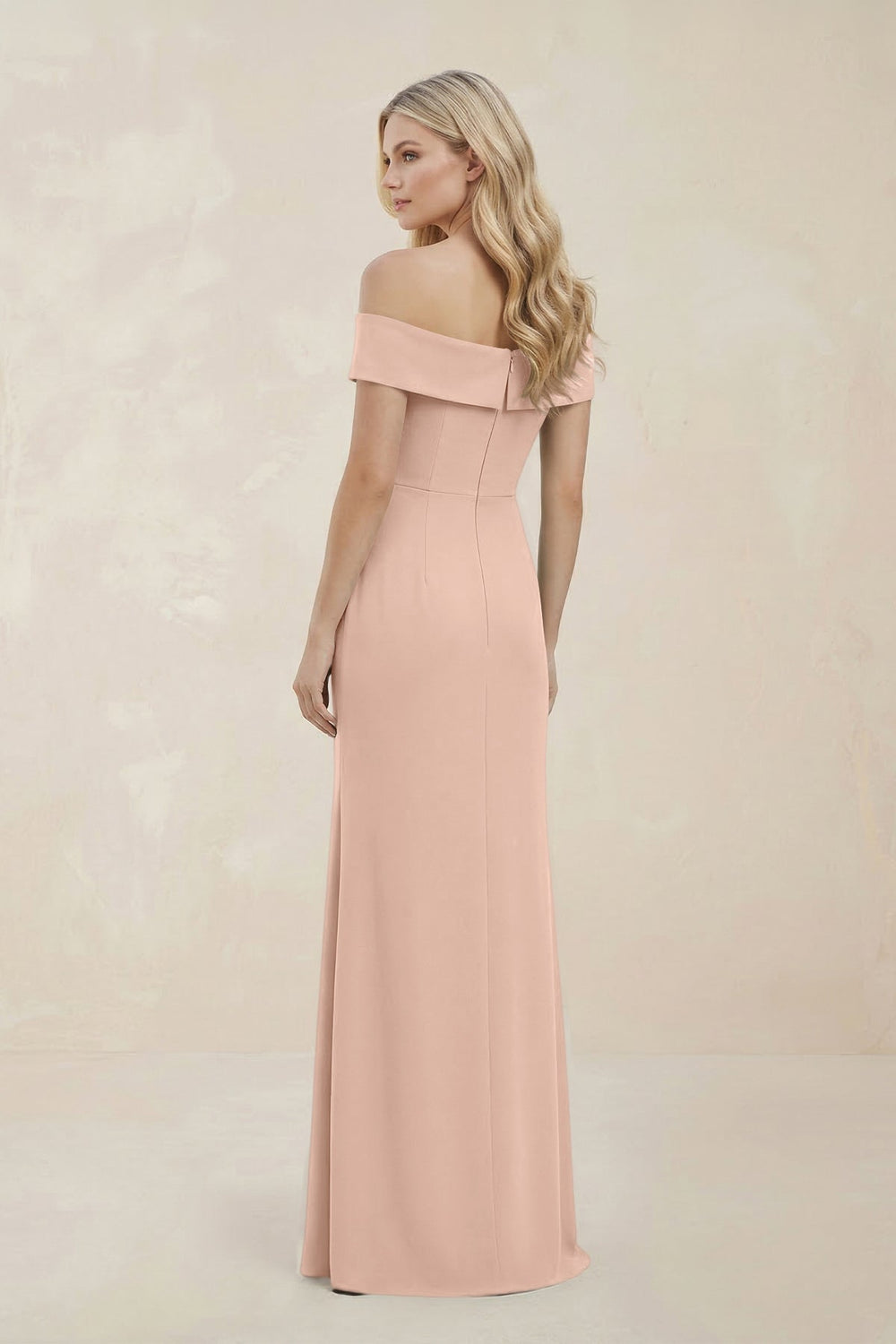 Off - the - Shoulder Satin Sheath Bridesmaid Dress With Slit in Coral Pink - KissProm Bridesmaid Dresses