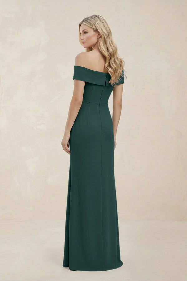 Off - the - Shoulder Satin Sheath Bridesmaid Dress With Slit in Dark Green - KissProm Bridesmaid Dresses