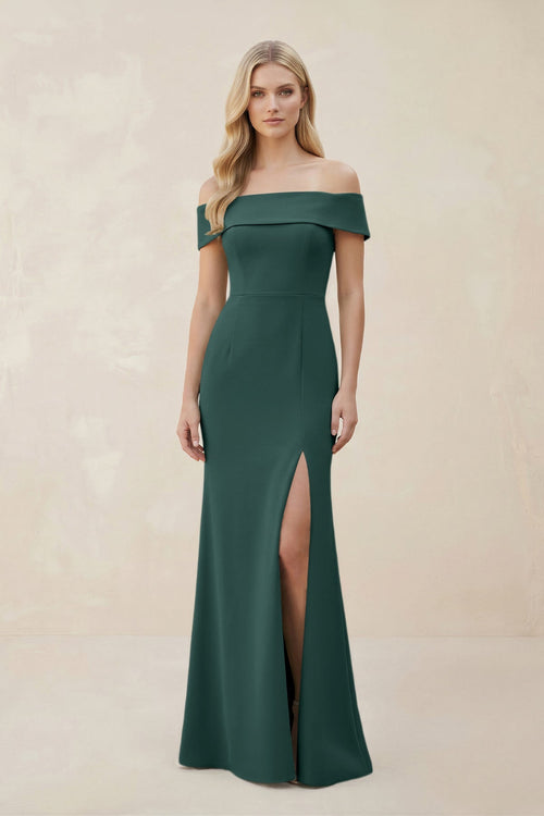 Off - the - Shoulder Satin Sheath Bridesmaid Dress With Slit in Dark Green - KissProm Bridesmaid Dresses