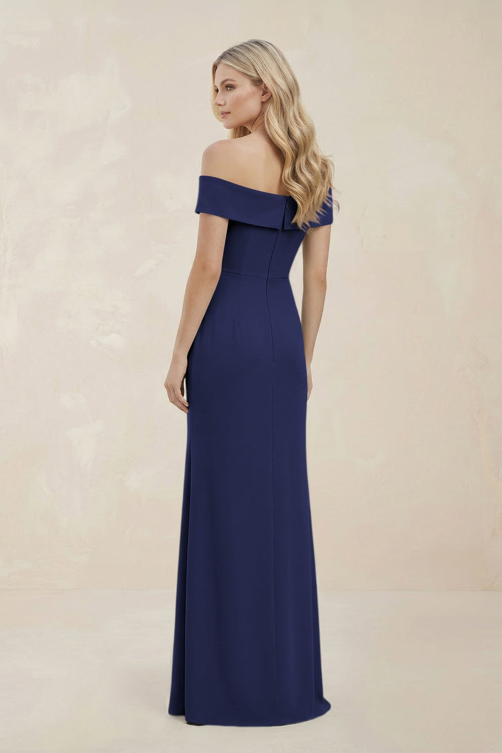 Off - the - Shoulder Satin Sheath Bridesmaid Dress With Slit in Dark Navy - KissProm Bridesmaid Dresses