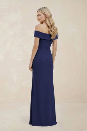 Off - the - Shoulder Satin Sheath Bridesmaid Dress With Slit in Dark Navy - KissProm Bridesmaid Dresses