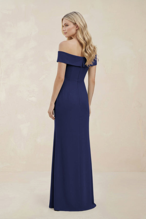 Off - the - Shoulder Satin Sheath Bridesmaid Dress With Slit in Dark Navy - KissProm Bridesmaid Dresses
