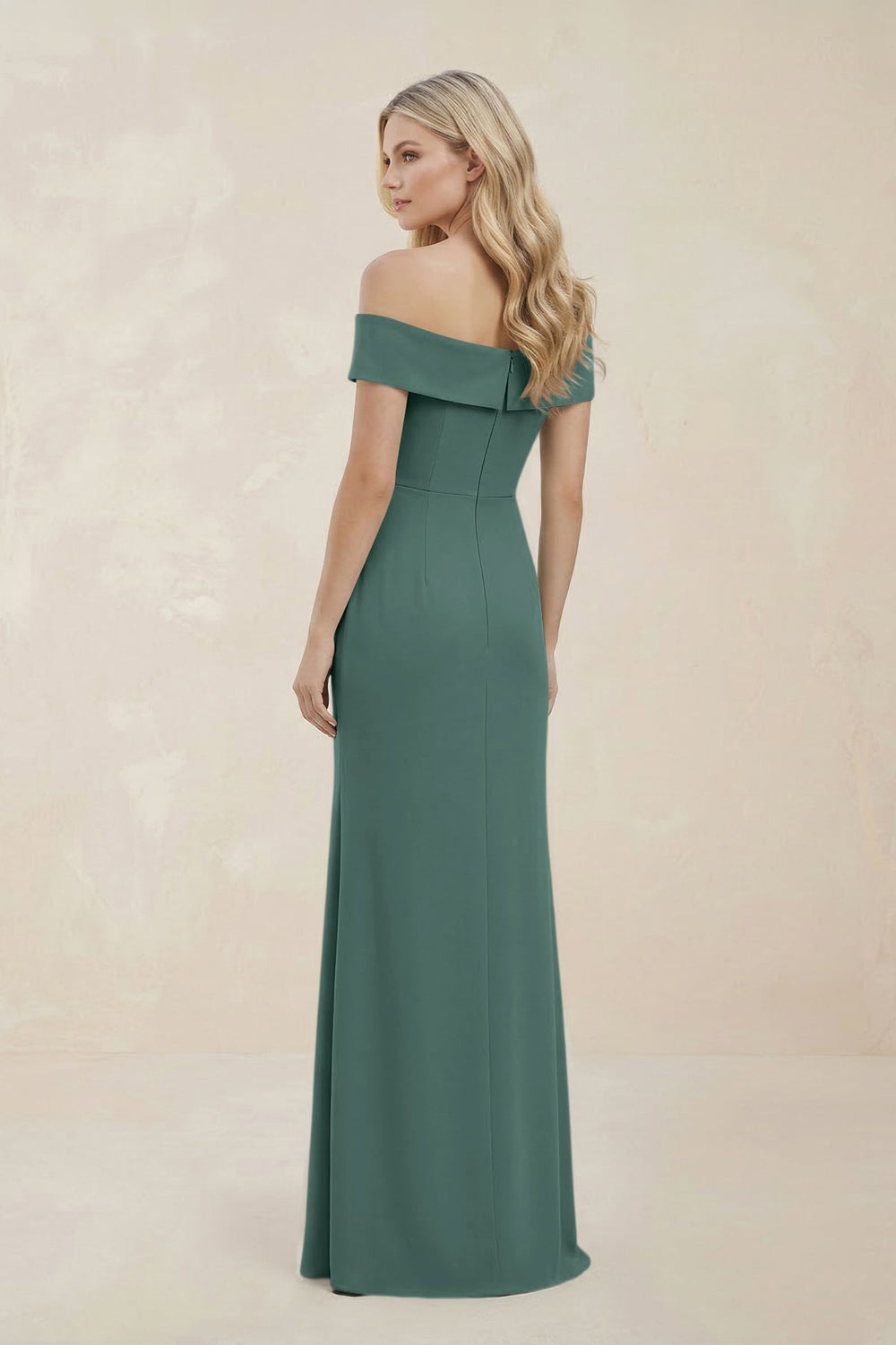 Off - the - Shoulder Satin Sheath Bridesmaid Dress With Slit in Dark Teal - KissProm Bridesmaid Dresses