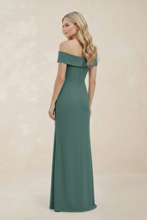 Off - the - Shoulder Satin Sheath Bridesmaid Dress With Slit in Dark Teal - KissProm Bridesmaid Dresses