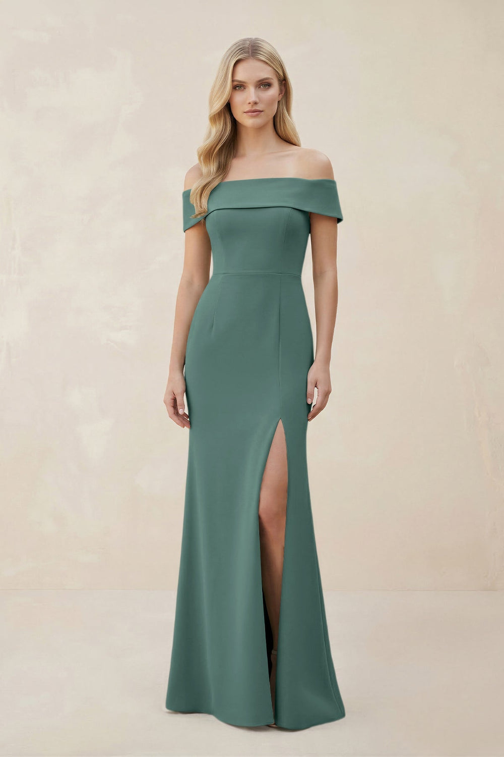 Off - the - Shoulder Satin Sheath Bridesmaid Dress With Slit in Dark Teal - KissProm Bridesmaid Dresses