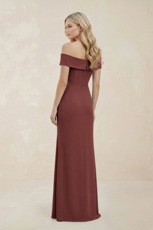 Off - the - Shoulder Satin Sheath Bridesmaid Dress With Slit in Desert Rose - KissProm Bridesmaid Dresses