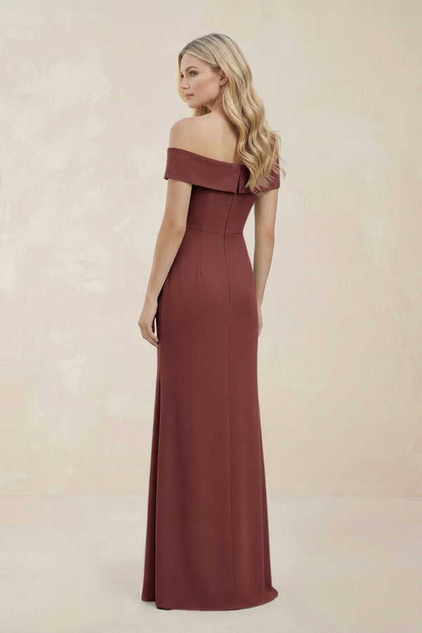 Off - the - Shoulder Satin Sheath Bridesmaid Dress With Slit in Desert Rose - KissProm Bridesmaid Dresses