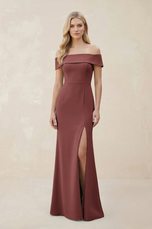 Off - the - Shoulder Satin Sheath Bridesmaid Dress With Slit in Desert Rose - KissProm Bridesmaid Dresses