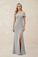 Off - the - Shoulder Satin Sheath Bridesmaid Dress With Slit in Dove Gray - KissProm Bridesmaid Dresses