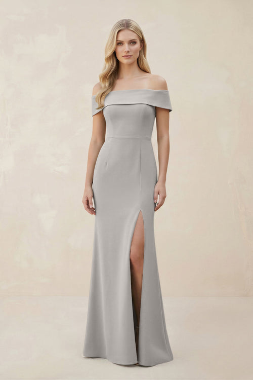 Off - the - Shoulder Satin Sheath Bridesmaid Dress With Slit in Dove Gray - KissProm Bridesmaid Dresses