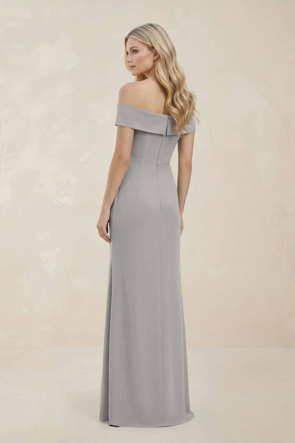 Off - the - Shoulder Satin Sheath Bridesmaid Dress With Slit in Dove Gray - KissProm Bridesmaid Dresses