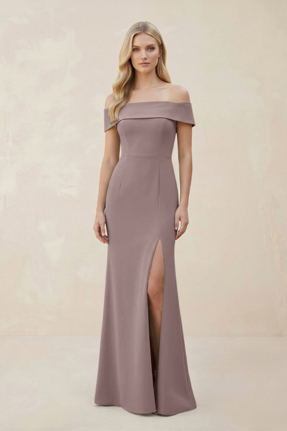 Off - the - Shoulder Satin Sheath Bridesmaid Dress With Slit in Dusk - KissProm Bridesmaid Dresses