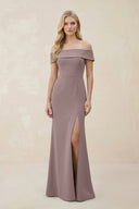 Off - the - Shoulder Satin Sheath Bridesmaid Dress With Slit in Dusk - KissProm Bridesmaid Dresses